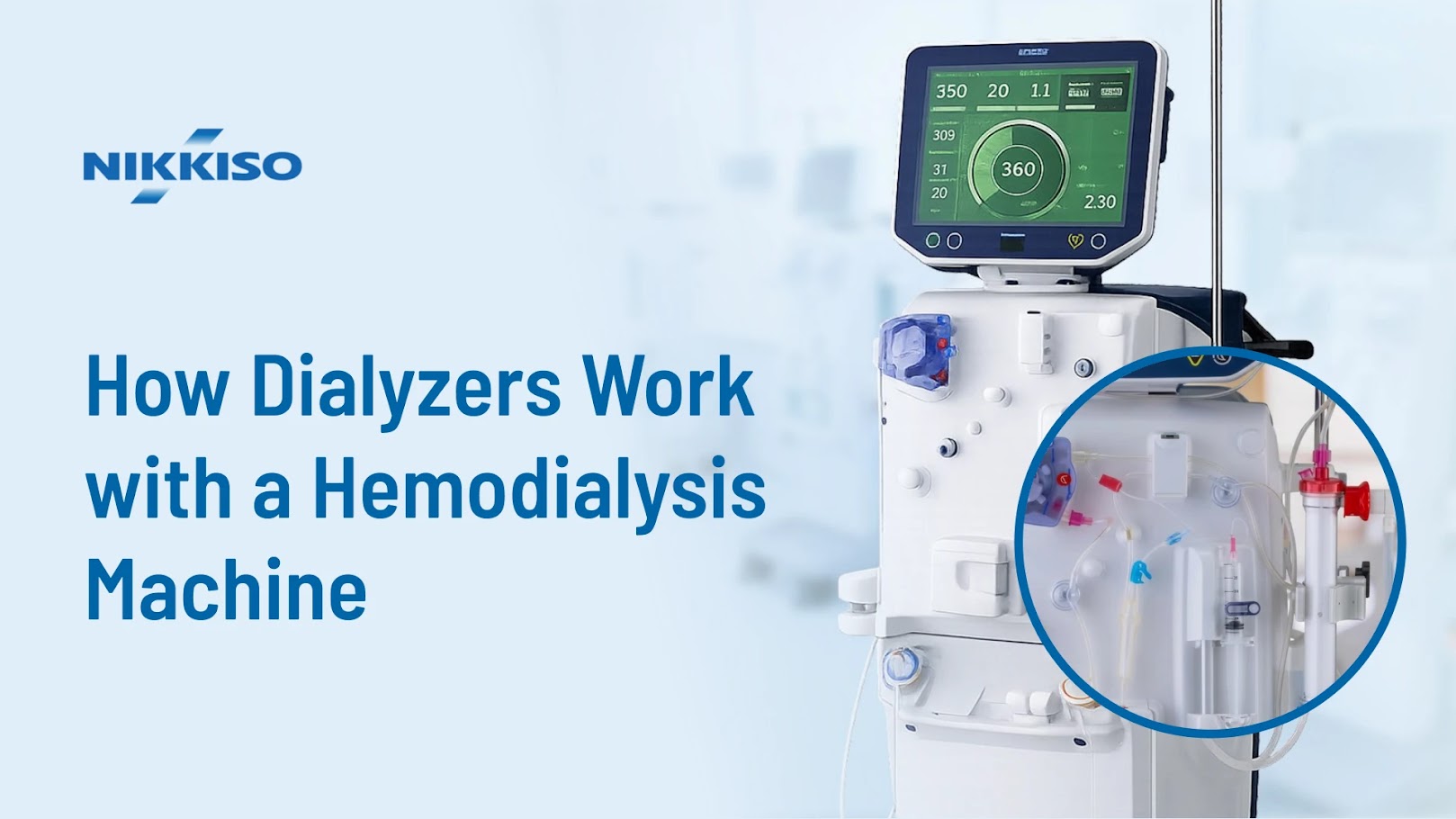 NIKKISO hemodialysis machine with a digital monitor and a magnified view of its blood tubing and filter components, alongside the title “How Dialyzers Work with a Hemodialysis Machine.